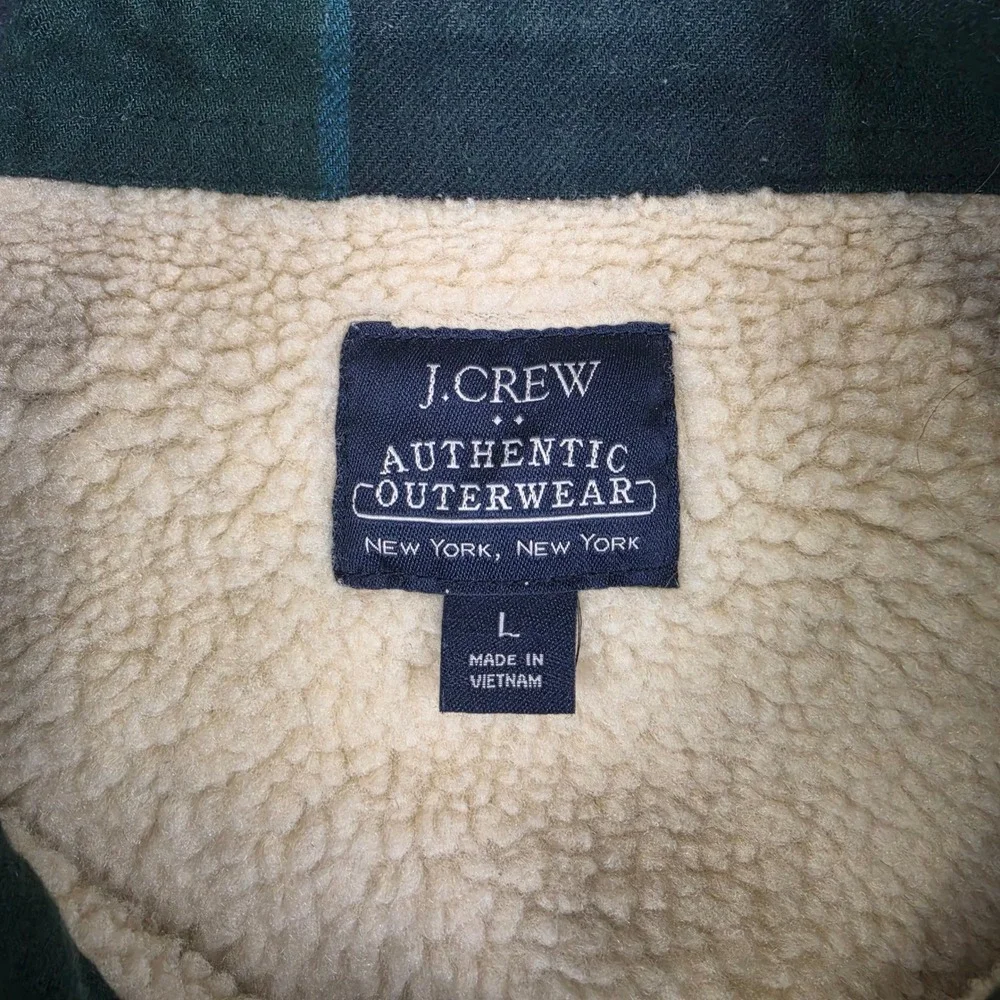 J Crew Shirt Sherpa Jacket Mens Large Green Blue Plaid Lined Flannel Shacket